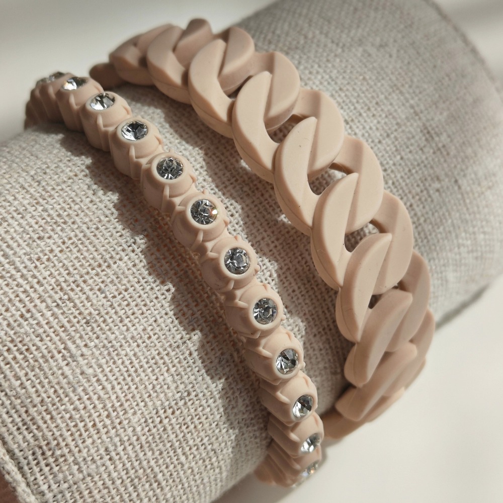 Anne Klein Pink Silicone Curb Chain and Crystal Bracelet Set Silver Tone Clasp
